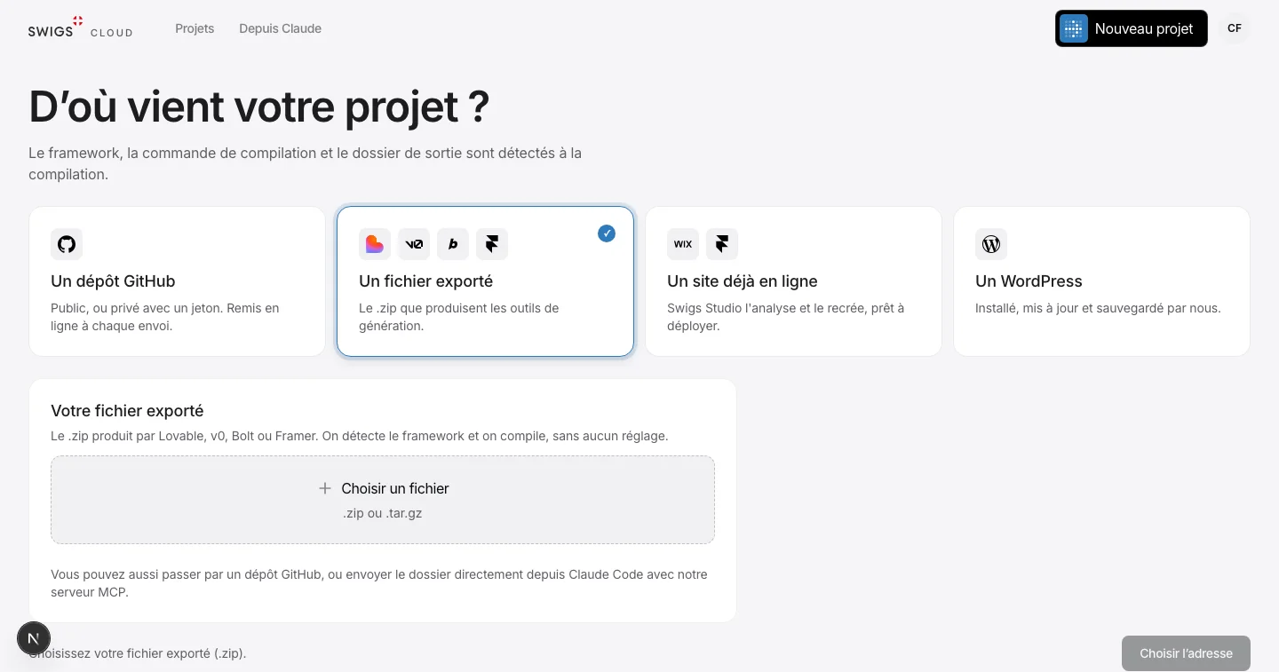Écran de déploiement de Swigs Cloud, provenance « un fichier exporté » sélectionnée